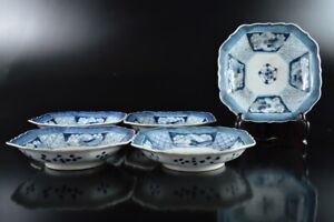 Q4704: Japanese Old Seto-ware Blue&White Landscape Flower PLATE/dish 5pcs