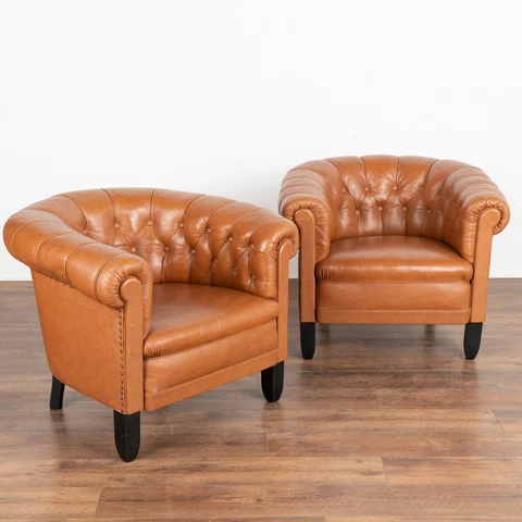 Pair, Vintage Brown Leather Barrel Back Arm Chairs, Denmark circa 1940 Cover