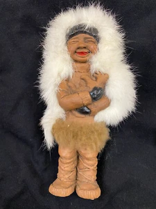 Eskimo Handmade Vintage Figurine Husky Man Wooden Hand Carved Real Fur Rare 8"  - Picture 1 of 7