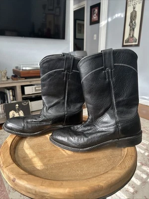 Botas de caubói masculinas LARRY MAHAN vintage preto liso avestruz roper tamanho 7,5 D - Imagem 1 de 4