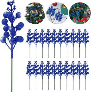 20 Pack 7.8 Inch Christmas Glitter Berries Stems for Christmas Tree Royal Blue - Picture 1 of 6