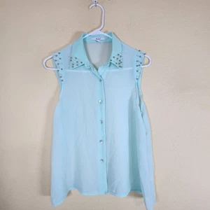 Camisa Top Mujer Papaya Cuello Cuentas Transparente Sin Mangas Abotonada Mediana Aqua - Imagen 1 de 8