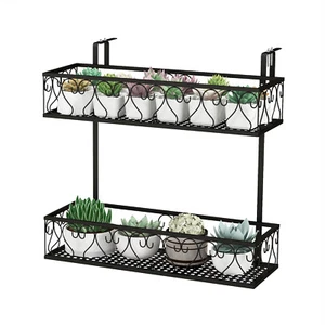 2-Tier Hanging Flower Rack Potted Plant Container w/ Curved Patterns Black - Picture 1 of 8
