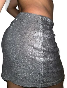 White House Black Market NEW Womens Sz 14 Silver Sequin Zip Skirt Sparkle Shine - Picture 1 of 4