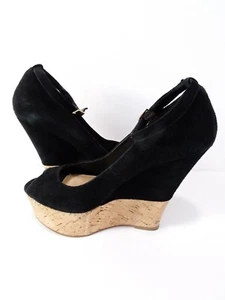 Steve Madden Standdup Damen-Sandalen Veloursleder Peeptoe Kork Keilabsatz Größe 7 M SCHWARZ - Bild 1 von 5