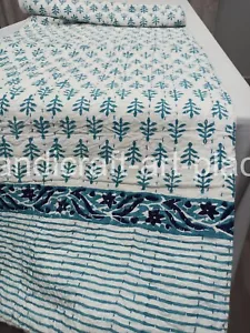 Beautiful Indian Hand Block Print Quilt With Kantha King Size Bedspread Floral - Picture 1 of 8