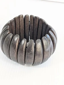Dark Brown Wood Curved Oblong Panel Bead Wide Stretch Bracelet - Picture 1 of 6