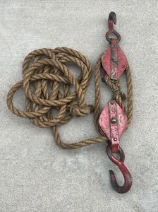 Moline Iron Works Large Pulleys With Heavy  Hooks and rope - Picture 1 of 15