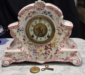 ANTIQUE LARGE ANSONIA PORCELAIN MANTLE CLOCK DRESDEN PATTERN WRINGER CO - Picture 1 of 24