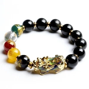 Natural Black Obsidian Bracelet For Men Women Gemstone Good Luck Chinese Pixiu - Picture 1 of 4