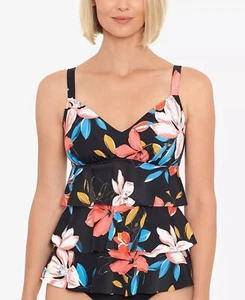 SWIM SOLUTIONS Tankini Swim Top Triple Tier Black Floral Print Size 12 $72 - NWT - Picture 1 of 5
