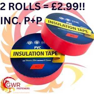 2 rollos de 20 m de alta calidad para electricistas de PVC Cinta de aislamiento eléctrico ROJO - Imagen 1 de 1