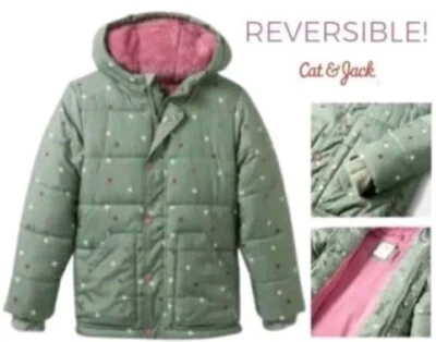 Cat & Jack Puffer Coat Winter Parka Reversible Sherpa Girl XXL 18 Green Pink NWT - Image 1 of 4