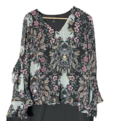 IZ Byer Blouse XL Sheer Floral Fairy Grunge Metallic Accent Ruffle Sleeve Y2K - Image 1 of 4