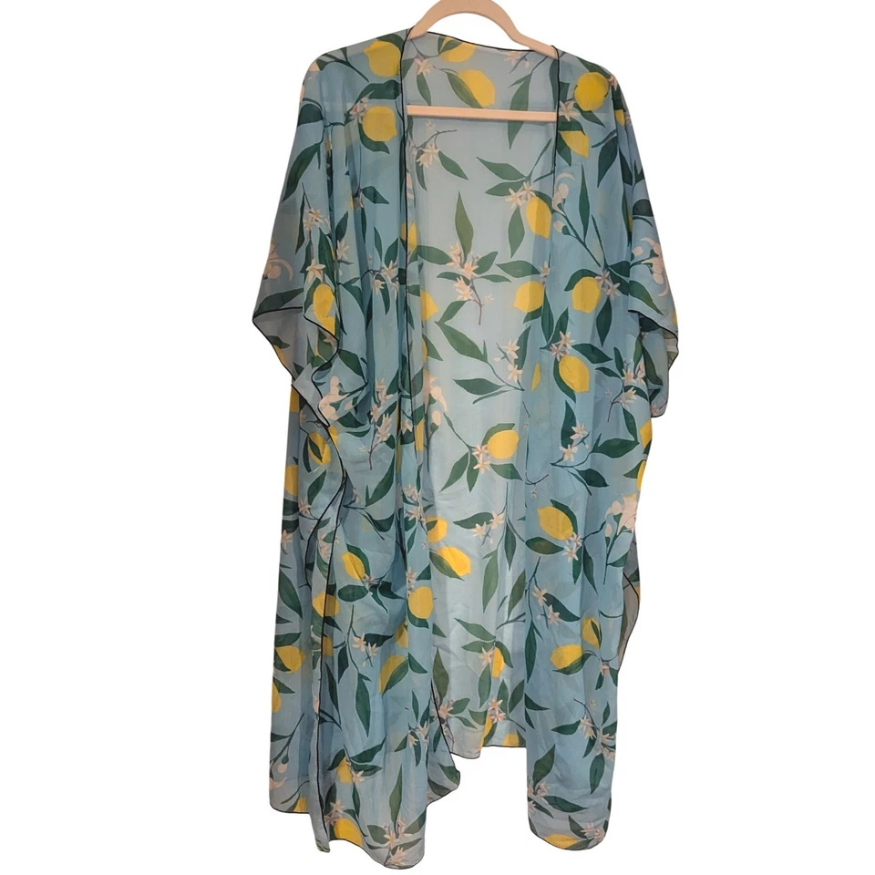 Blue Lemon Print Kimono Lightweight Sheer Open Front Duster - Image 1 of 4
