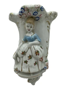 Vintage Japan Porcelain Wall Pocket Lady in Dress Figurine Blue Bodice Flowers - Picture 1 of 7