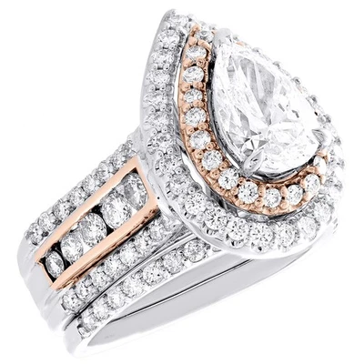 14K Two Tone Gold Lab Created Diamond Pear Soliatire Double Halo Bridal Set 3 CT - Image 1 of 4