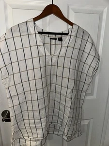 Tahari Women Linen Top Sz L Brown Grid Print Short Sleeve Beach Summer Travel - Picture 1 of 6