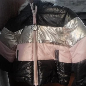 ROTHSCHILD Toddler Stripe Puffer Coat Faux Fur Hood Pink Gold Black 4T - Picture 1 of 2