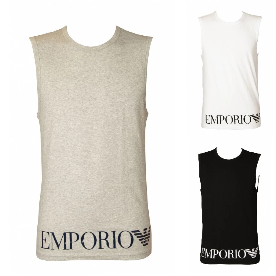 EMPORIO ARMANI men's tank top sleeveless wide shoulder with printed logo stretch - Image 1 of 1