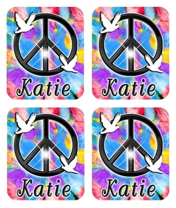 4- Peace Sign Tie Dye Doves Decals Stickers Personalize Name Hippie Girls Blue - Picture 1 of 1