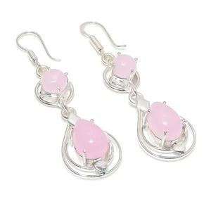 Pink Rose Quartz Gemstone Handmade 925 Sterling Silver Jewelry Earring Sz 2.20" - Picture 1 of 1