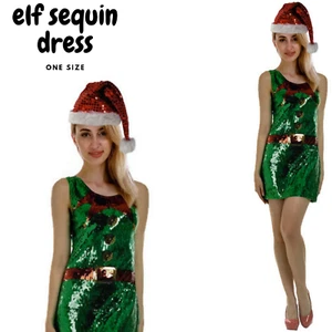 Womens Christmas Sequin Elf Dress Costume Party Dress Up Xmas Ladies - Picture 1 of 3