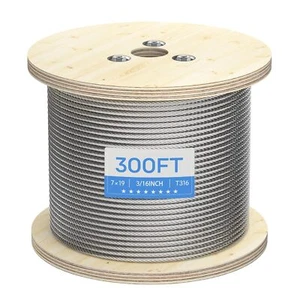 300FT 3/16" T316 Stainless Steel Cable Marine Grade Decking Railing Cable W/7x19 - Picture 1 of 7