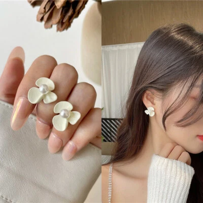 Schöne Mode Ohrringe weiße Blume große Perle Schmuck Ohrstecker Damen - Bild 1 von 4