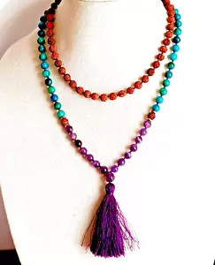 Necklace Mala Beads 108 Amythest Opal Malacite Rudraksha Seeds Meditation 32" - Picture 1 of 20