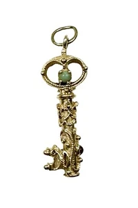 Skeleton Key 14k Yellow Gold Jeweled Charm Pendant - Picture 1 of 3