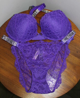VICTORIA'S SECRET ОЧЕНЬ СЕКСУАЛЬНЫЙ BOMSHELL БЮСТГАЛЬТЕР ПУШ-АП (36B) И БИКИНИ (L) КОМПЛЕКТ ФИОЛЕТОВЫЙ - Изображение 1 из 4
