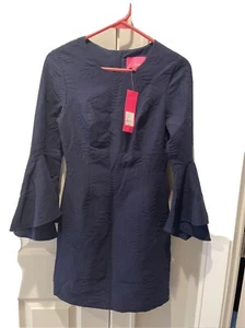 Abito elasticizzato Lilly Pulitzer Kayla vero blu navy felce pucker jacquard taglia 00 - Foto 1 di 6