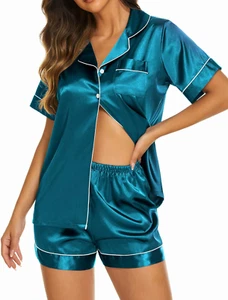 Silk Pajamas Womens Short Sleeve Sleepwear Soft Satin Button down Loungewear 2 P - Picture 1 of 6