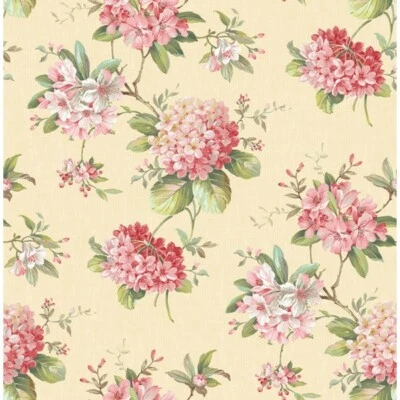 Wallpaper Red Pink Green Hydrangea Floral Toss on Yellow Faux , 56 sq ft / bolt - Image 1 of 2