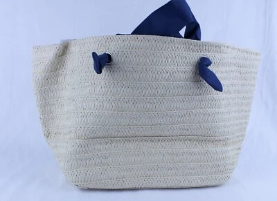 Bolso de Mano Neiman Marcus Mediano Tejido Paja Playa Azul Marino Asas de Tela  Foto 1 de 4