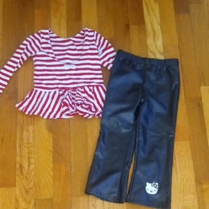 Red and White Striped Top with Black leather Pants, girl 3t - Picture 1 of 3