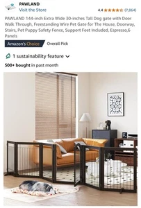 PAWLAND 144-inch Extra Wide 30-inches Tall Dog gate with Door Walk Through, F... - Picture 1 of 8