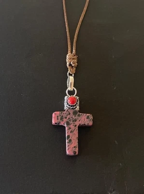 Collar amuleto cruz de piedras preciosas artesanal de jaspe - enchapado en plata de ley - nuevo Foto 1 de 4