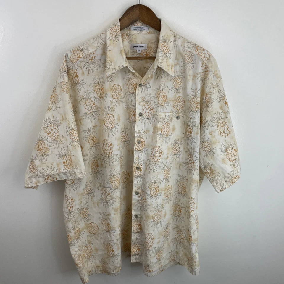 Pierre Cardin Hawaiian Shirt Mens 2XL XXL Beige & Orange Pineapple Short Sleeve - Image 1 of 4