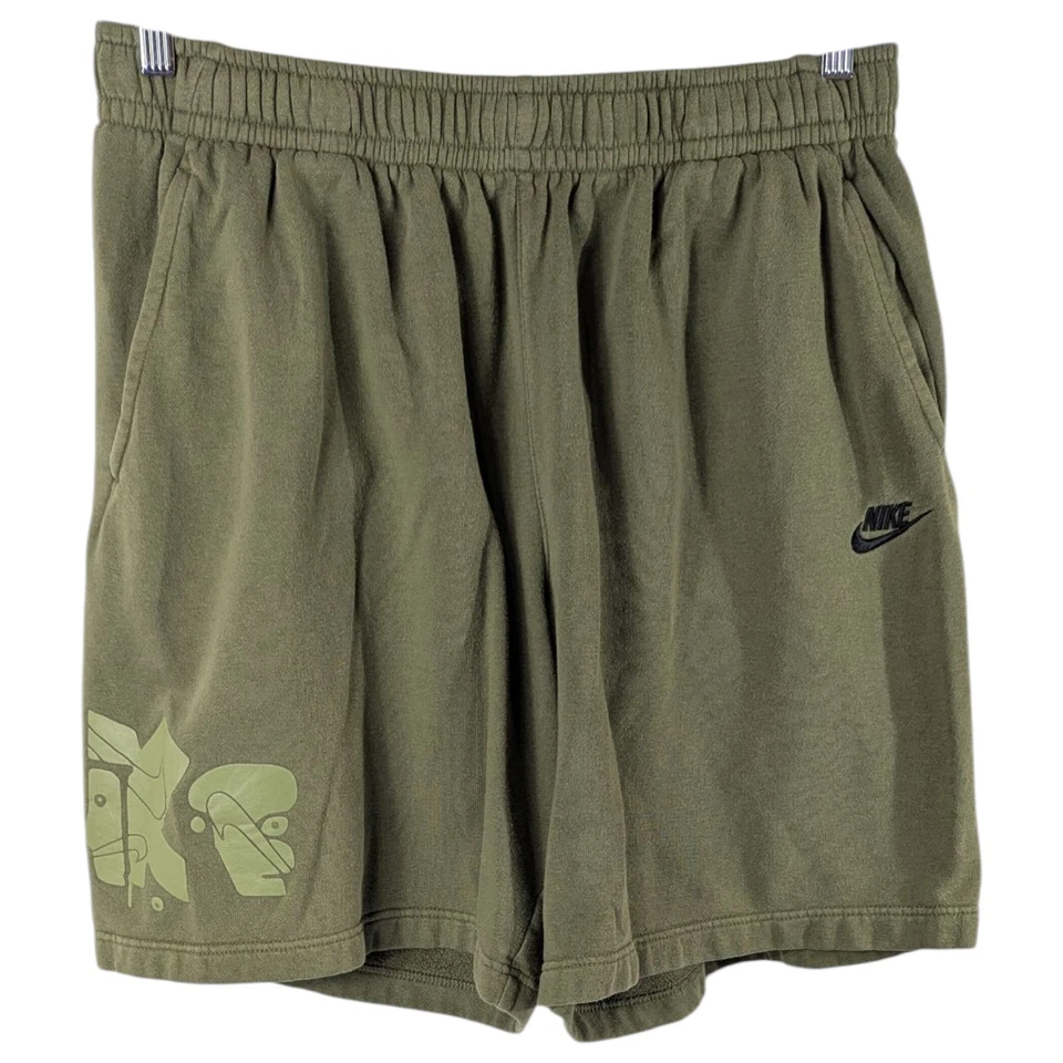 Nike Olive Green Fleece Tech Shorts Mens Size XL Drawstring Sweat Graffiti - Image 1 of 4
