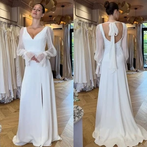 Vestidos de novia de gasa mangas largas blancos sin espalda divididos laterales - Imagen 1 de 20