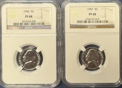Nice Pair of 1956 & 1957 Proof Jefferson Nickels    NGC PF68  Free US Shipping - Image 1 of 2