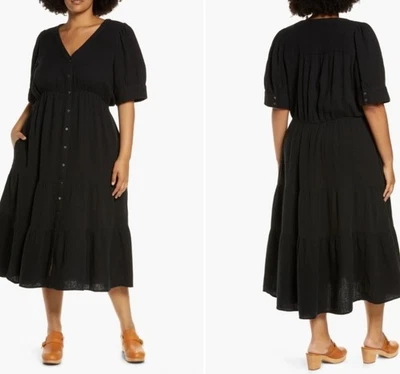 NWT Madewell Dress Sz 14W Black Lightspun Gauze Tiered Button Front Midi Pockets - Image 1 of 4