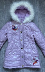 Girls Disney Frozen Puffer Lavender Embroidered Jacket Size 7/8 Zip/buttons - Picture 1 of 5