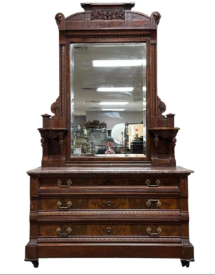 BONITA CÓMODA ANTIGUA AMERICANA VICTORIANA MÁRMOL NOGAL CON CAJÓN OCULTO C1880 Foto 1 de 4