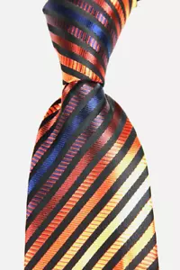 New Classic Striped Blue Orange 100% JACQUARD WOVEN Silk Men's Necktie Tie - Picture 1 of 7