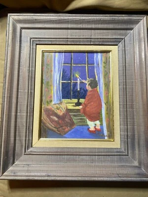 Pintura a óleo E.W Bailey "vela de iluminação infantil na cena da janela" - Assinado/emoldurado - Imagem 1 de 4
