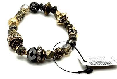 NWT Chico's 'Mia' Clear & Gray Rhinestone Gold Tone Beaded Stretch Bracelet - Image 1 of 4