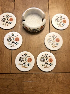 Indian Design Marble Inlay Coaster Set Of 6 Tile For Kitchen Use, Home decor - Picture 1 of 6